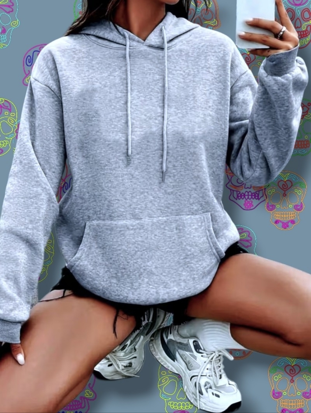 Women's Skull Pattern Printed Casual Fleece-Lined Pullover Hoodie in Gray Sz XXL - Picture 4 of 13